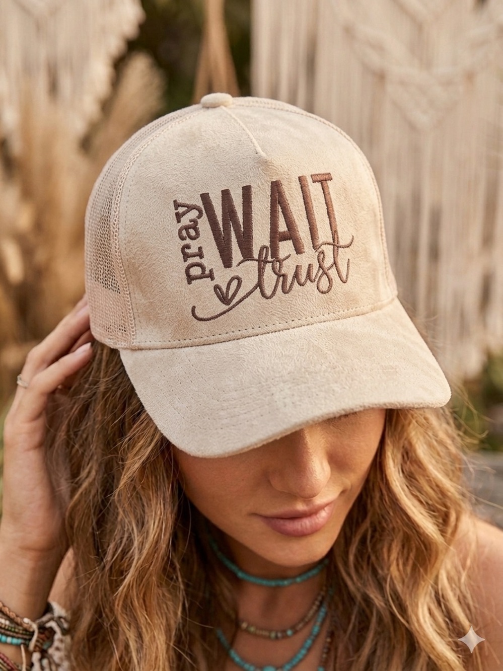 Simply Stitched Beige Suede Trucker Hat - "Pray Wait Trust" Embroidered